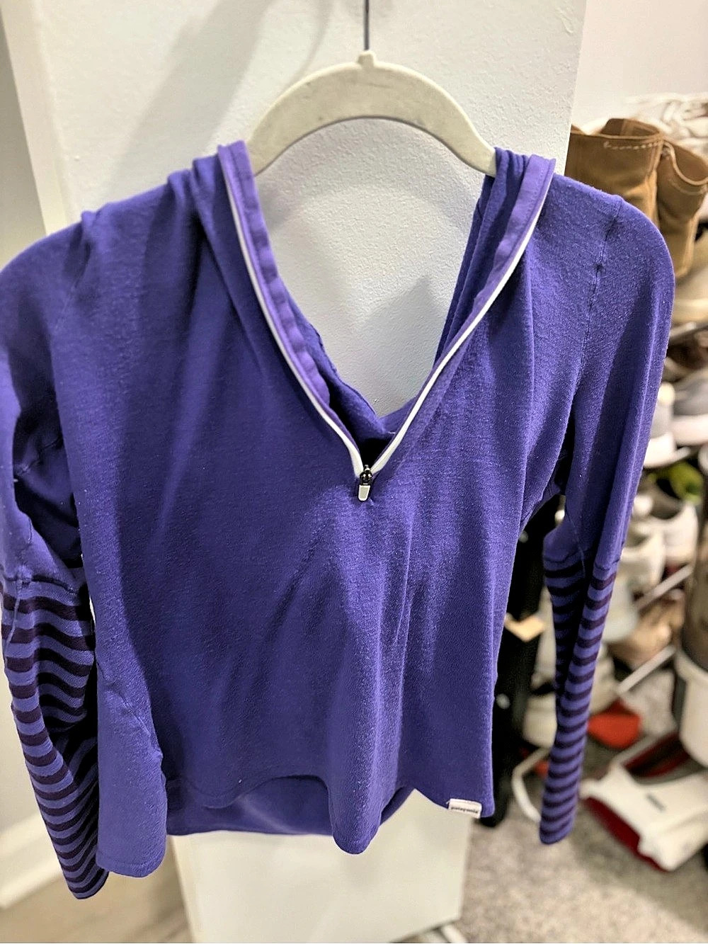 Patagonia Purple Striped Sleeve Half-Zip Hoodie